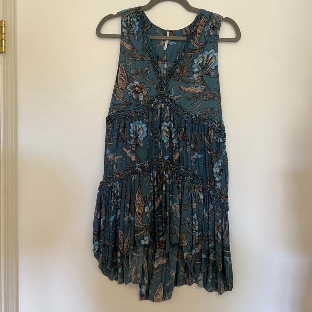 Free People Haze Hummingbird Tunic Blue Ruffled Tank Top Small
